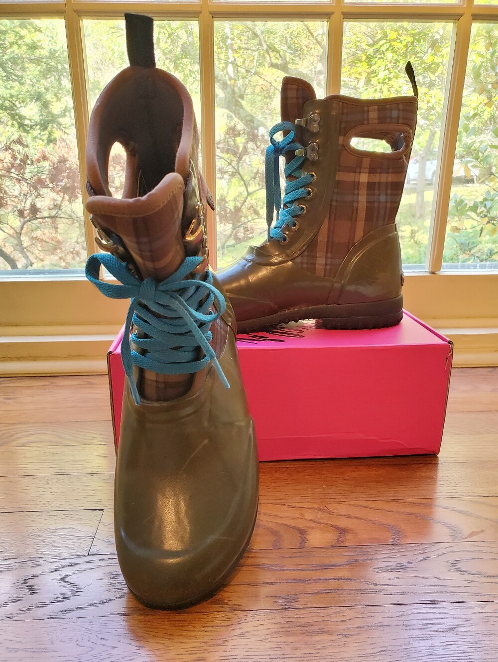 Bogs Sidney Waterproof Plaid Lace-Up Mid-Calf Rain Boots Green Brown Blue Sz 9